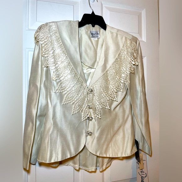 Jeffrey & Dana Vintage Champagne Lace Shawl Collared Button Up Jacket Size 9/10 - Picture 1 of 10